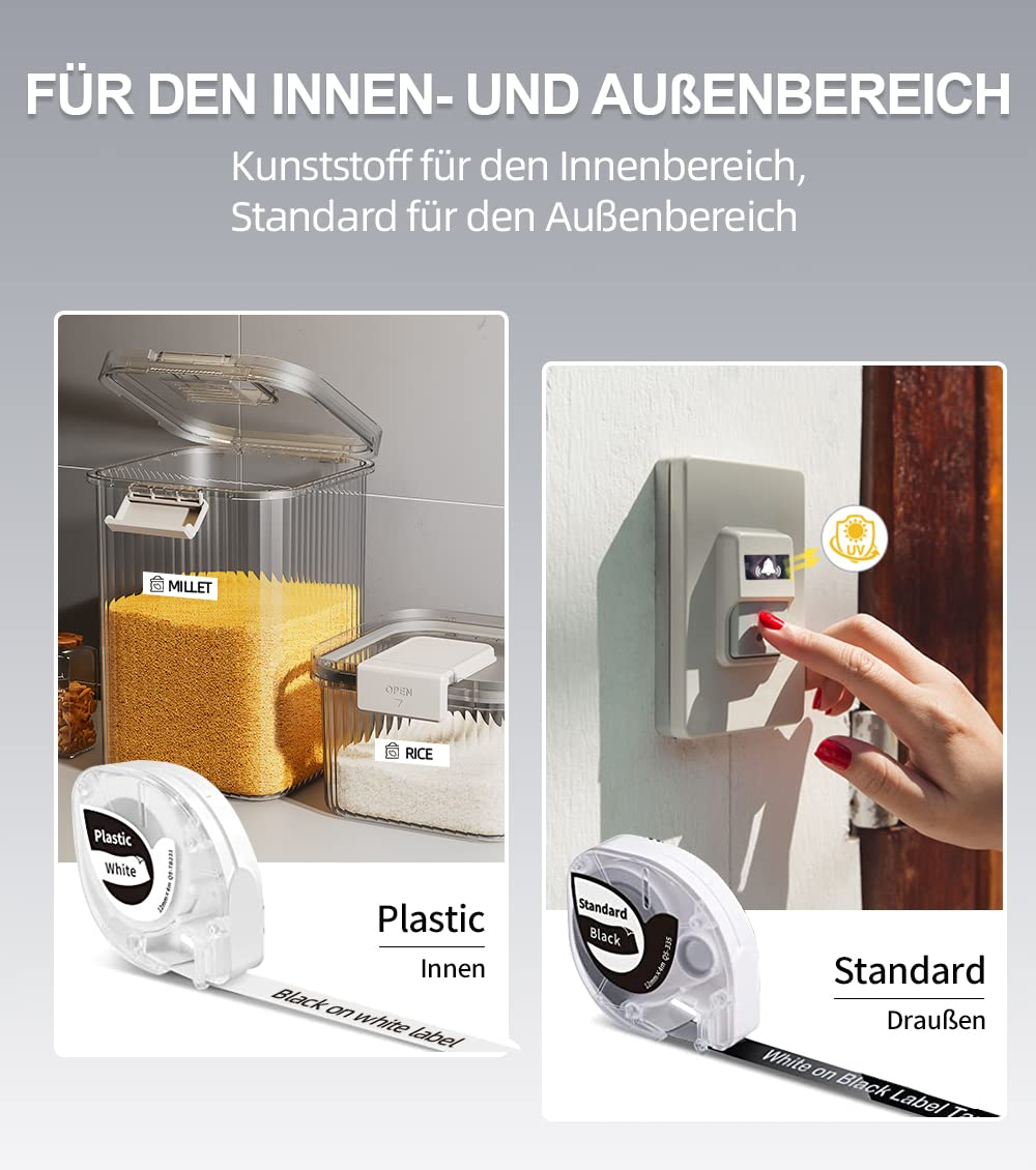 Zwei Bilder, die die Verwendung von Etiketten zeigen. Eines zeigt Etiketten auf Lebensmittelbehältern, das andere auf einem Lichtschalter.