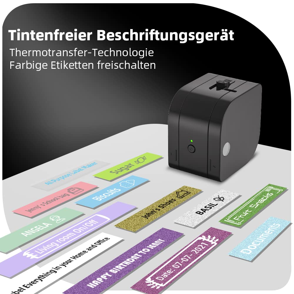 Ein schwarzes Etikettiergerät mit Etiketten. Text auf Deutsch lautet 'Tintenfreier Beschriftungsgerät' und 'Farbe Etiketten'.