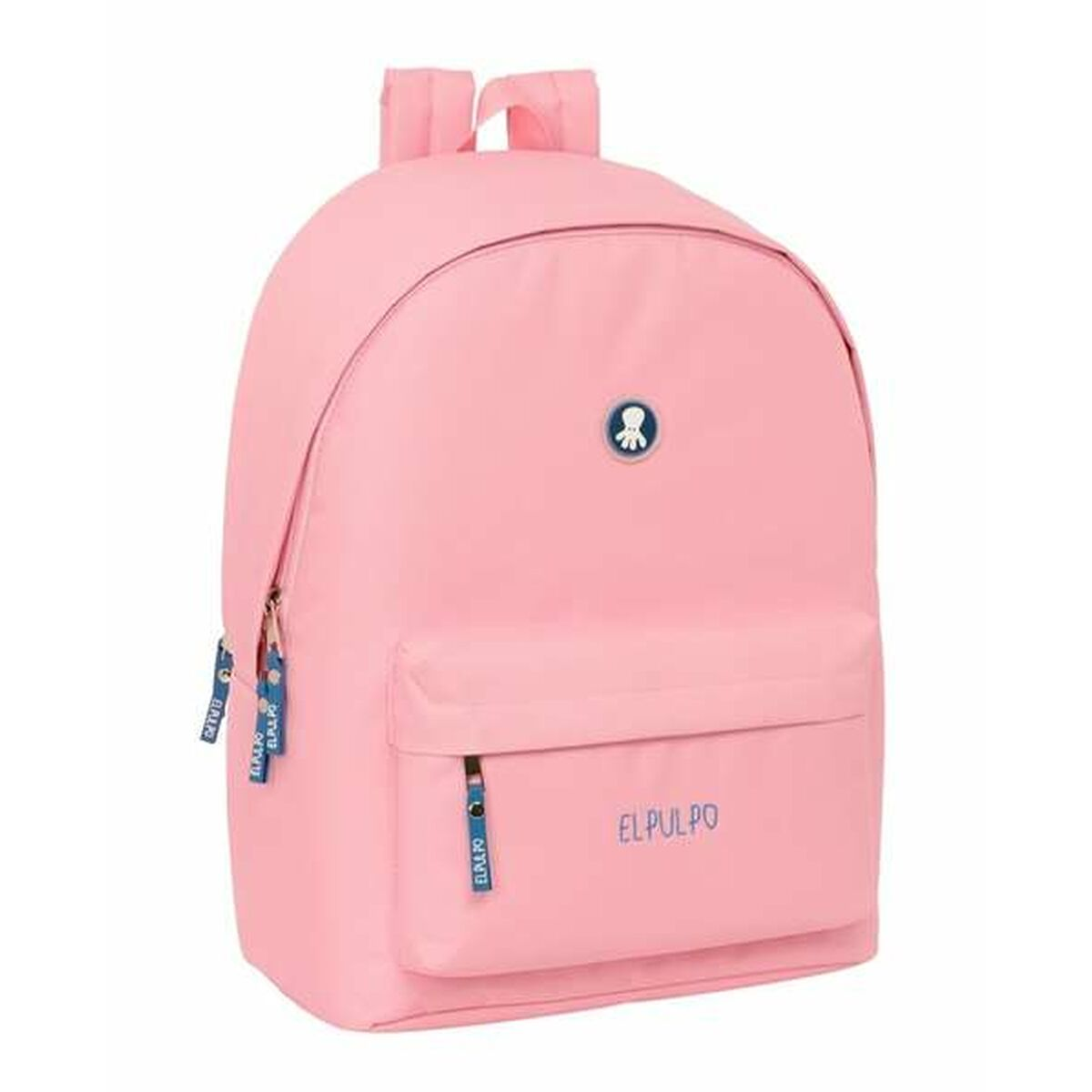 Ein rosa Rucksack mit dem Logo 'EL PULPO'. Er hat eine Vordertasche und zwei Schultergurte. Es ist eine Volltonfarbe.