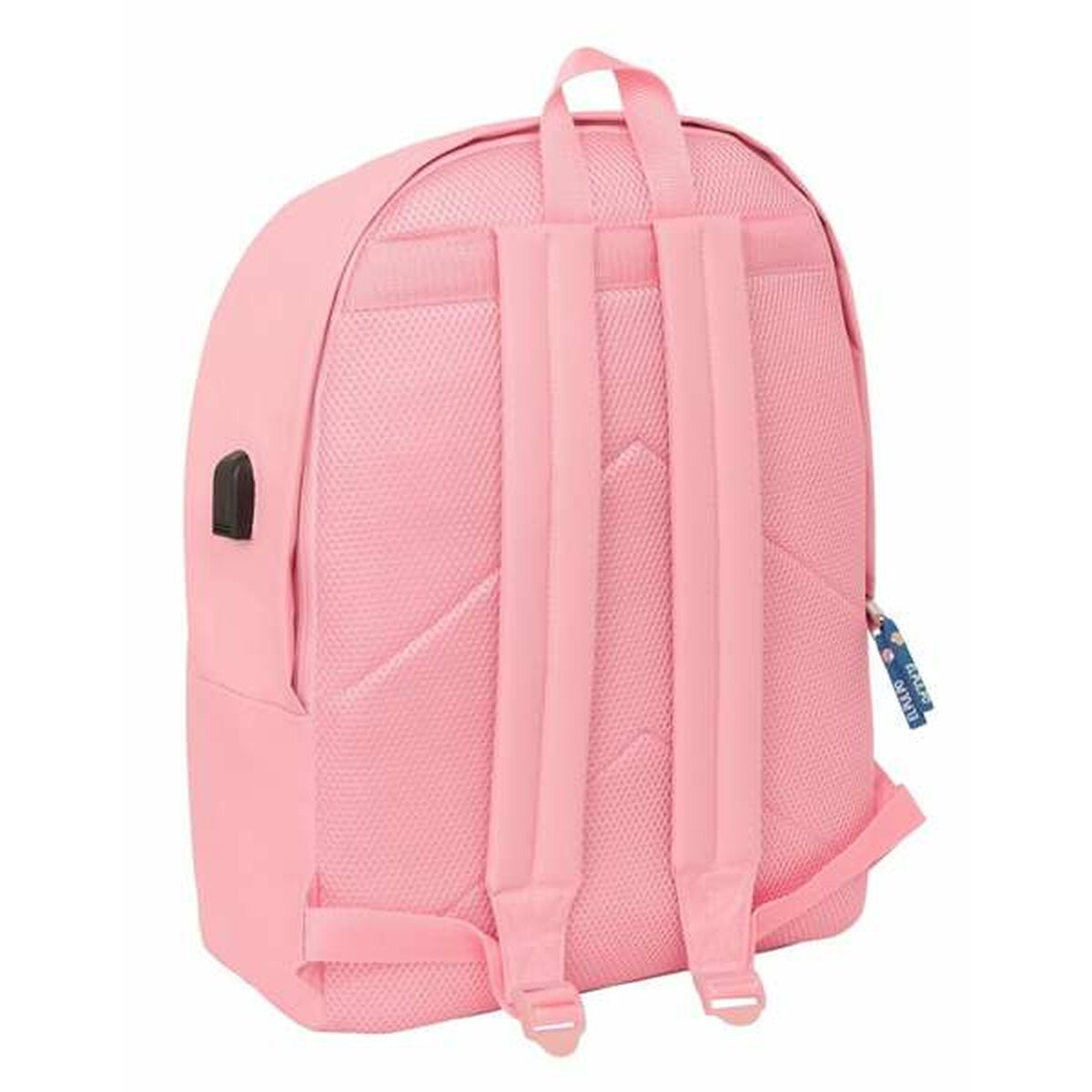 Rosa Rucksack, Rückansicht, mit Schultergurten und einem kleinen Griff. Der 'EL PULPO'-Anhänger ist befestigt.