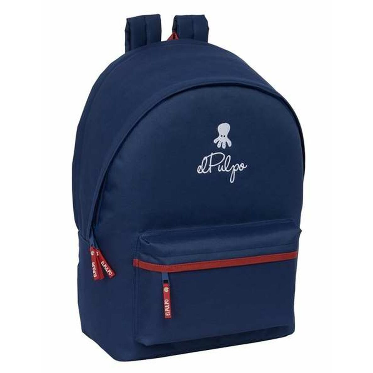 Ein blauer Rucksack mit roten Akzenten und einem weißen Tintenfisch-Logo auf der Vordertasche.
