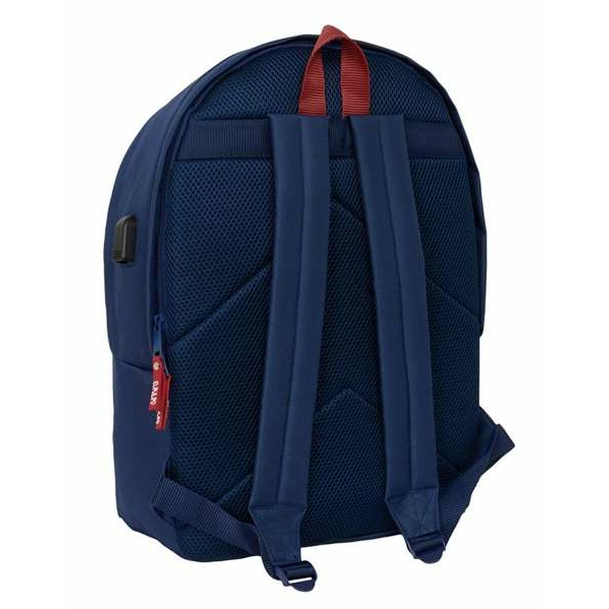 Die Rückseite eines blauen Rucksacks mit zwei Riemen, roten Akzenten und einer Netzeinsatz.