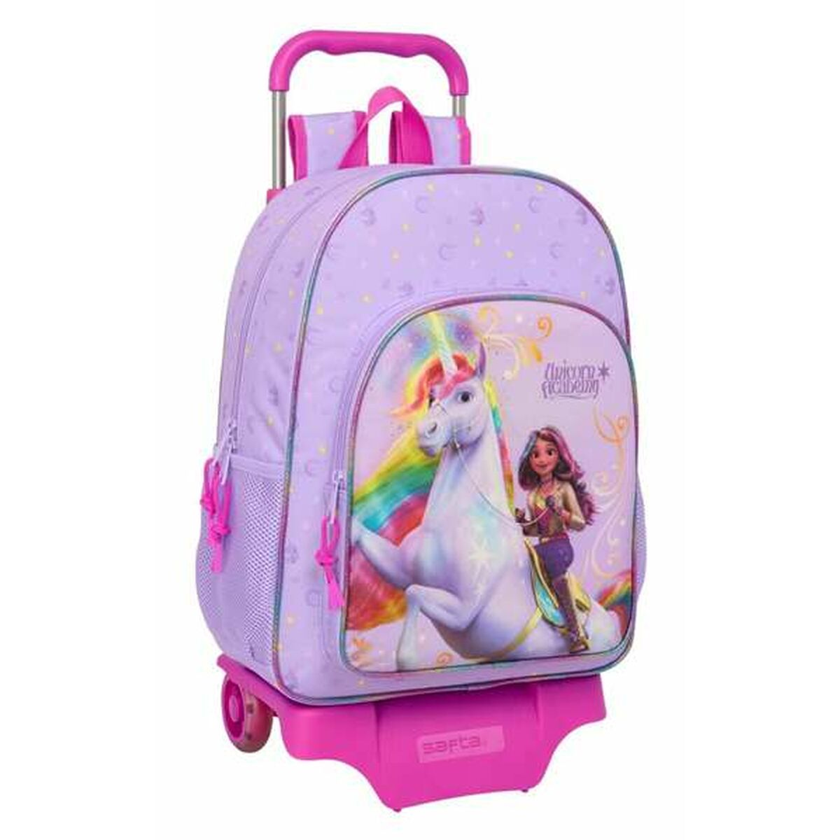 Ein lila Rollrucksack mit einem Einhorn- und Mädchenmotiv wird angezeigt.