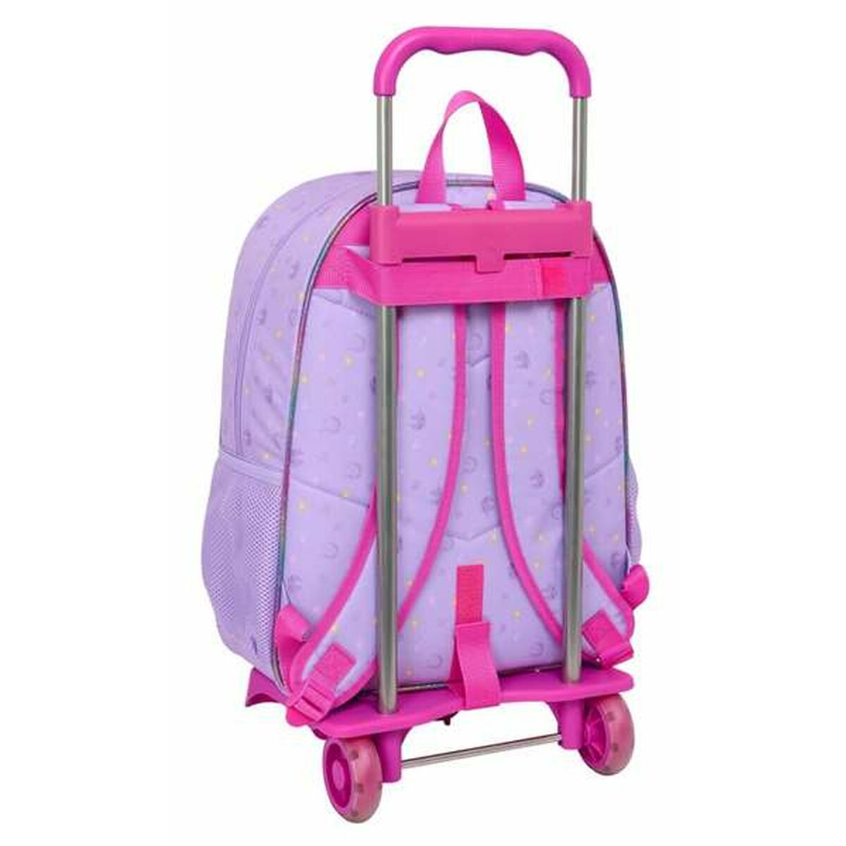 Ein lila Rollrucksack mit rosa Trägern und Griff wird von hinten angezeigt.
