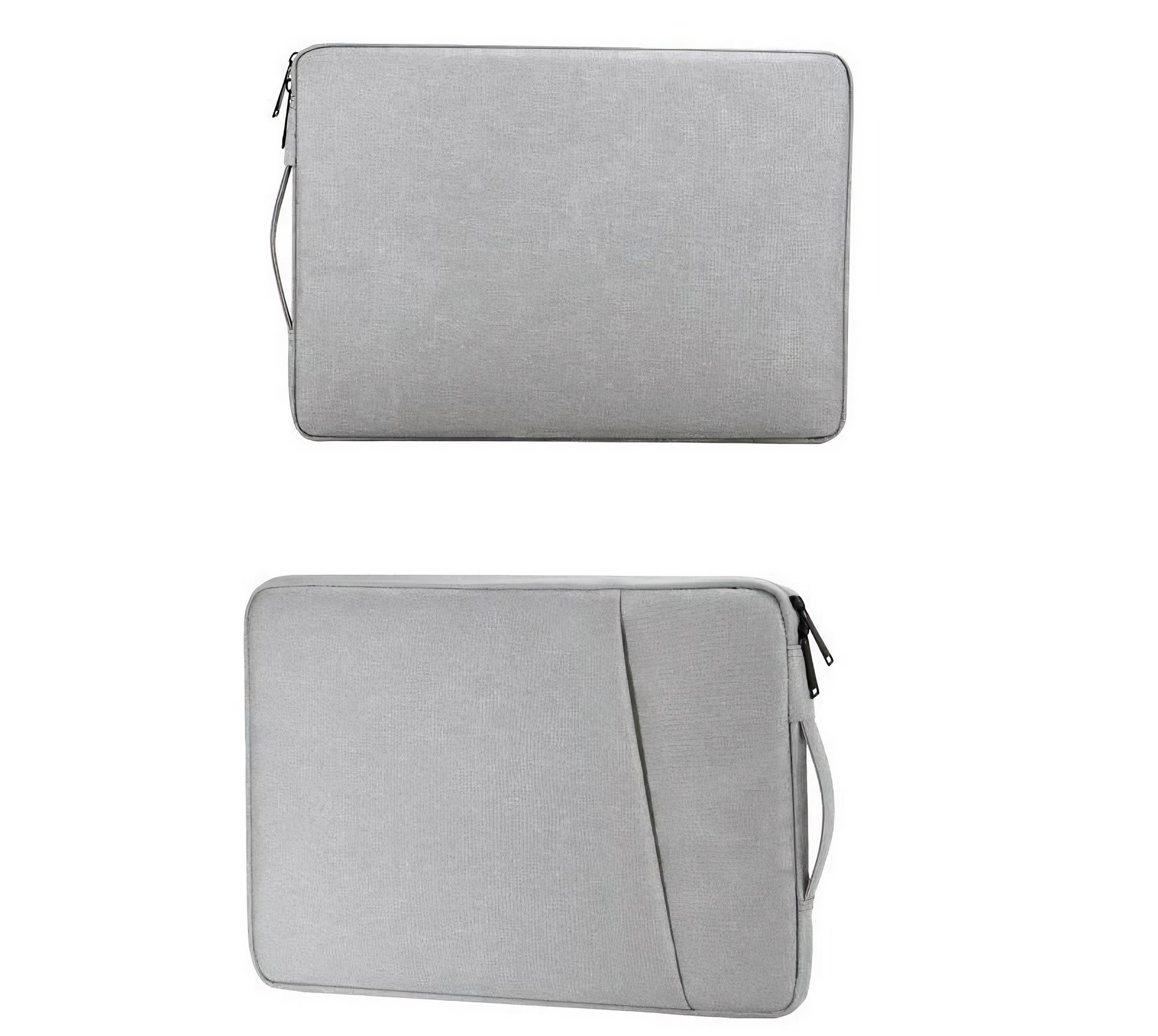 Zwei graue Laptoptaschen, eine flach und eine mit Seitentasche, werden angezeigt.