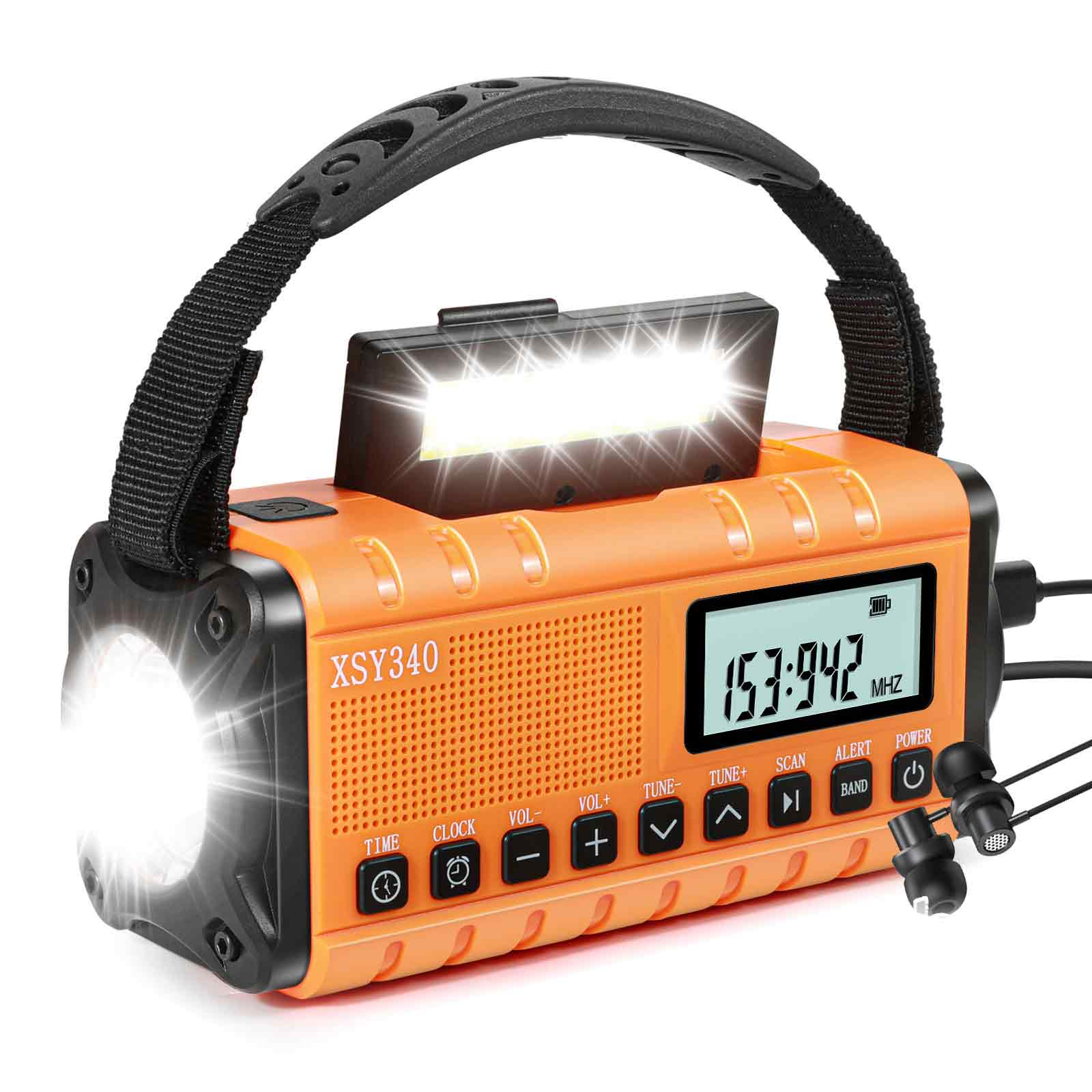 Ein orangefarbenes Radio mit Taschenlampe, Bildschirm und Ohrhörern.