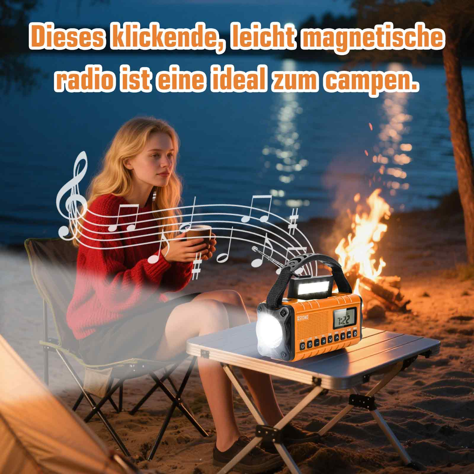 Eine Frau sitzt an einem Lagerfeuer mit einem orangefarbenen Radio auf einem Tisch.