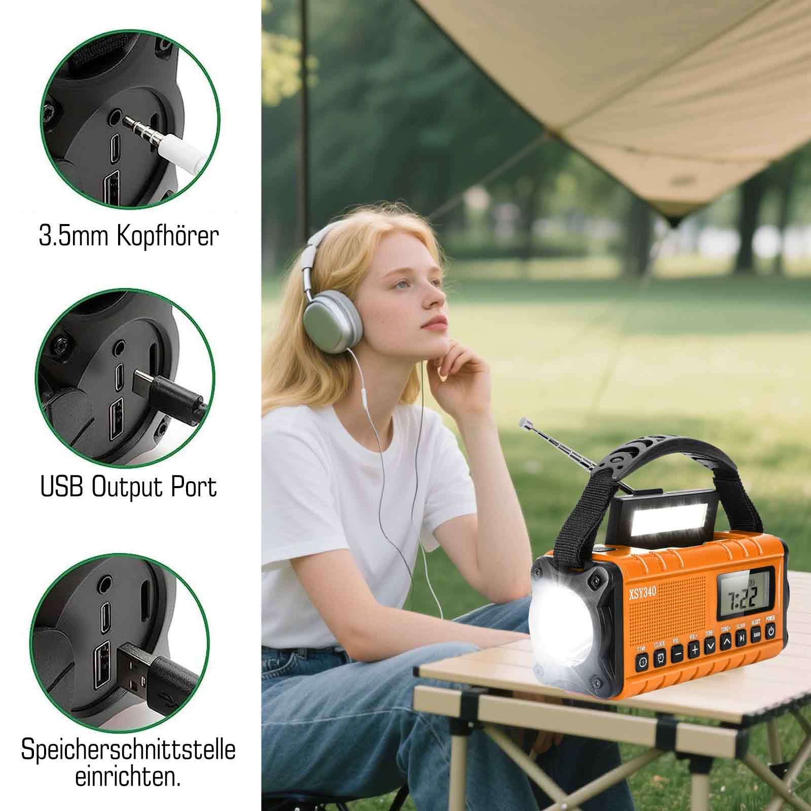 Eine Frau mit Kopfhörern sitzt in der Nähe eines orangefarbenen Radios mit Taschenlampe.
