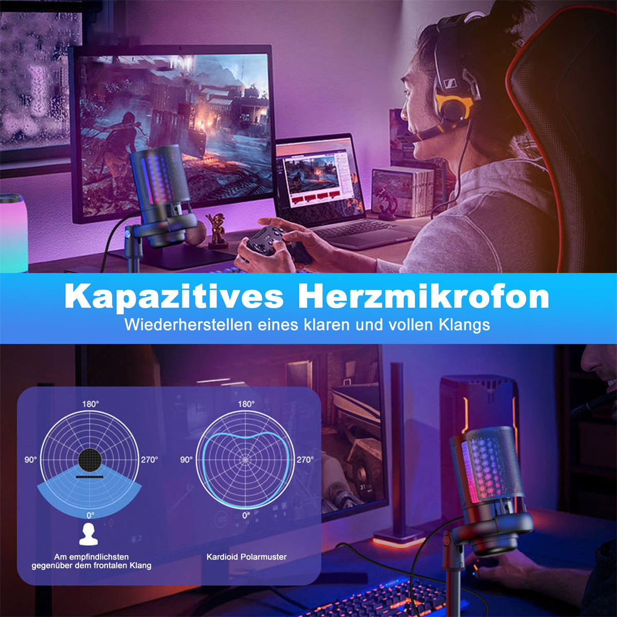 Eine Person spielt Videospiele mit einem Mikrofon und Headset in einem Gaming-Setup.