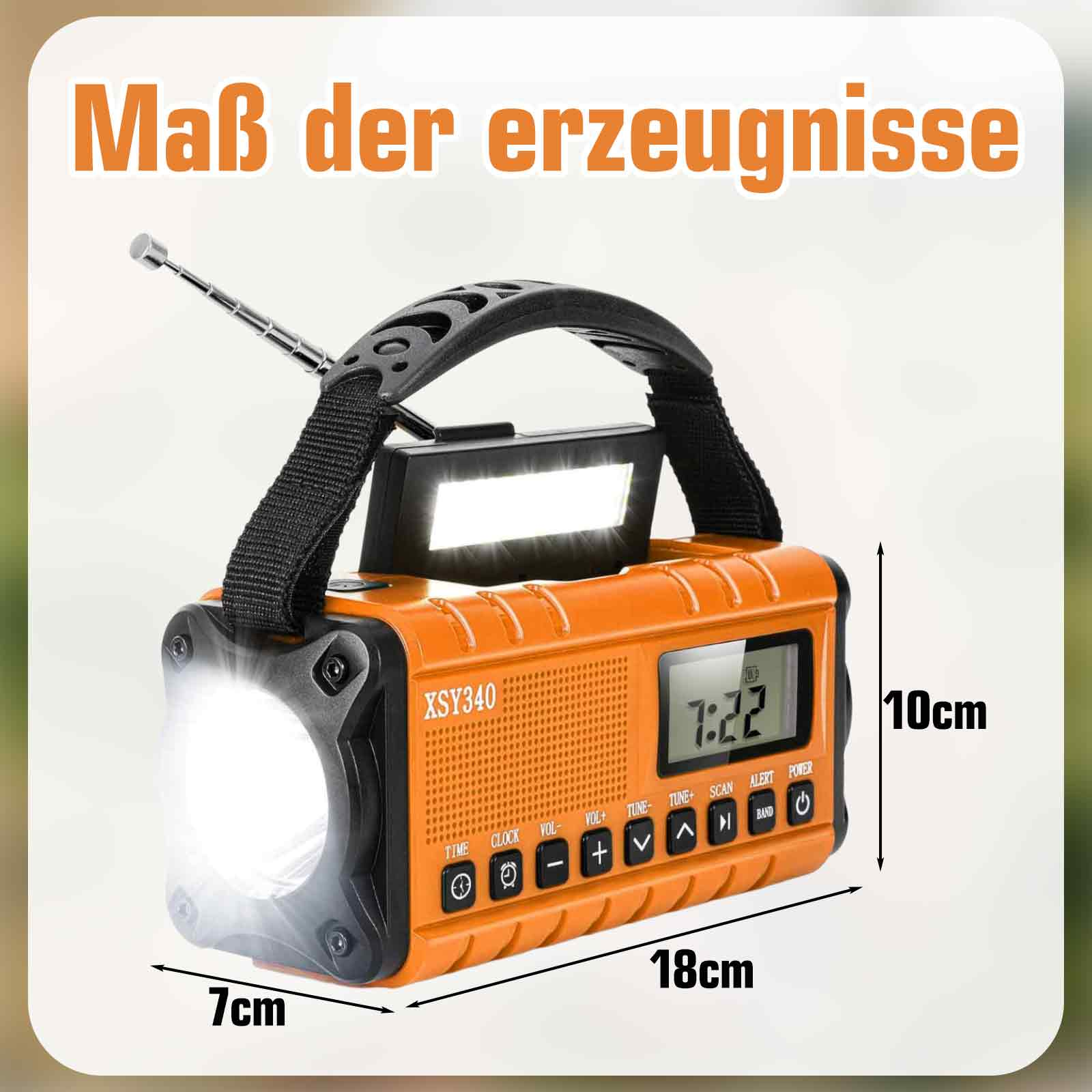 Ein orangefarbenes Radio mit Taschenlampe zeigt seine Abmessungen in Zentimetern an.