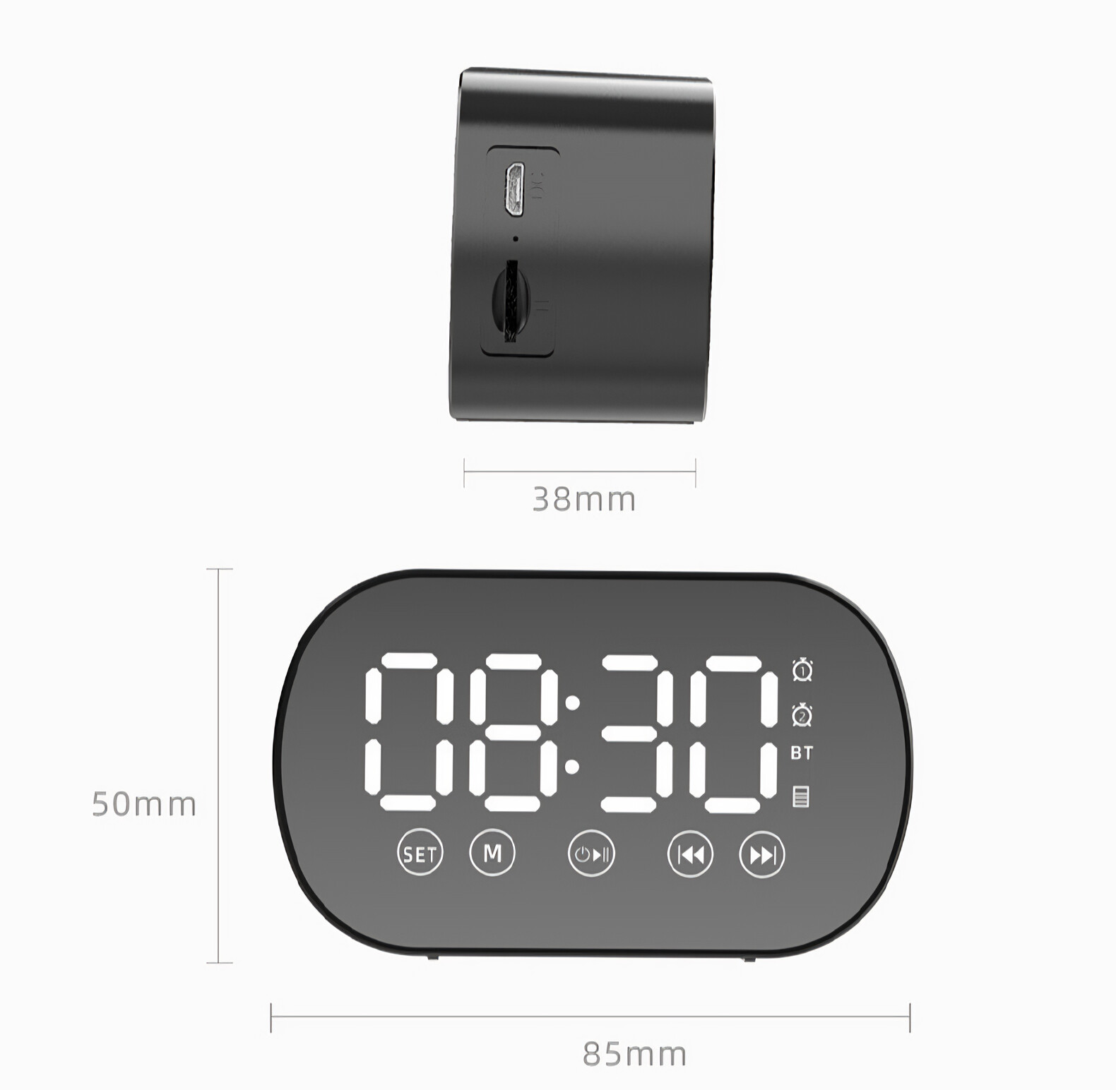 Ein schwarzer digitaler Wecker mit den Maßen: 50 mm hoch, 85 mm breit und 38 mm tief, zeigt die Uhrzeit 08:30 an.