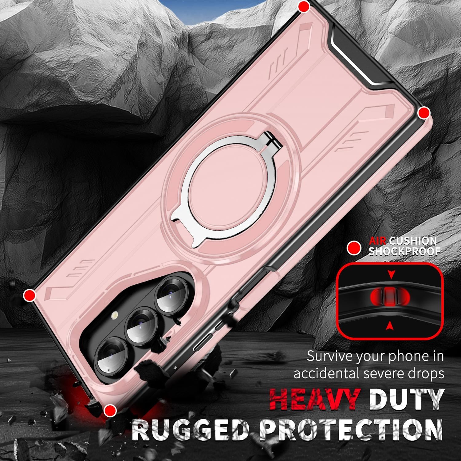 Se muestra una funda rosa con un soporte de anillo, que promete protección robusta y a prueba de golpes con amortiguación de aire.
