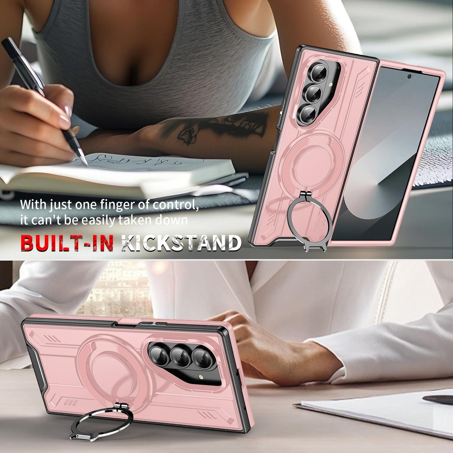 Se muestra una funda rosa con soporte de anillo, destacando su función de soporte integrado para una fácil visualización.