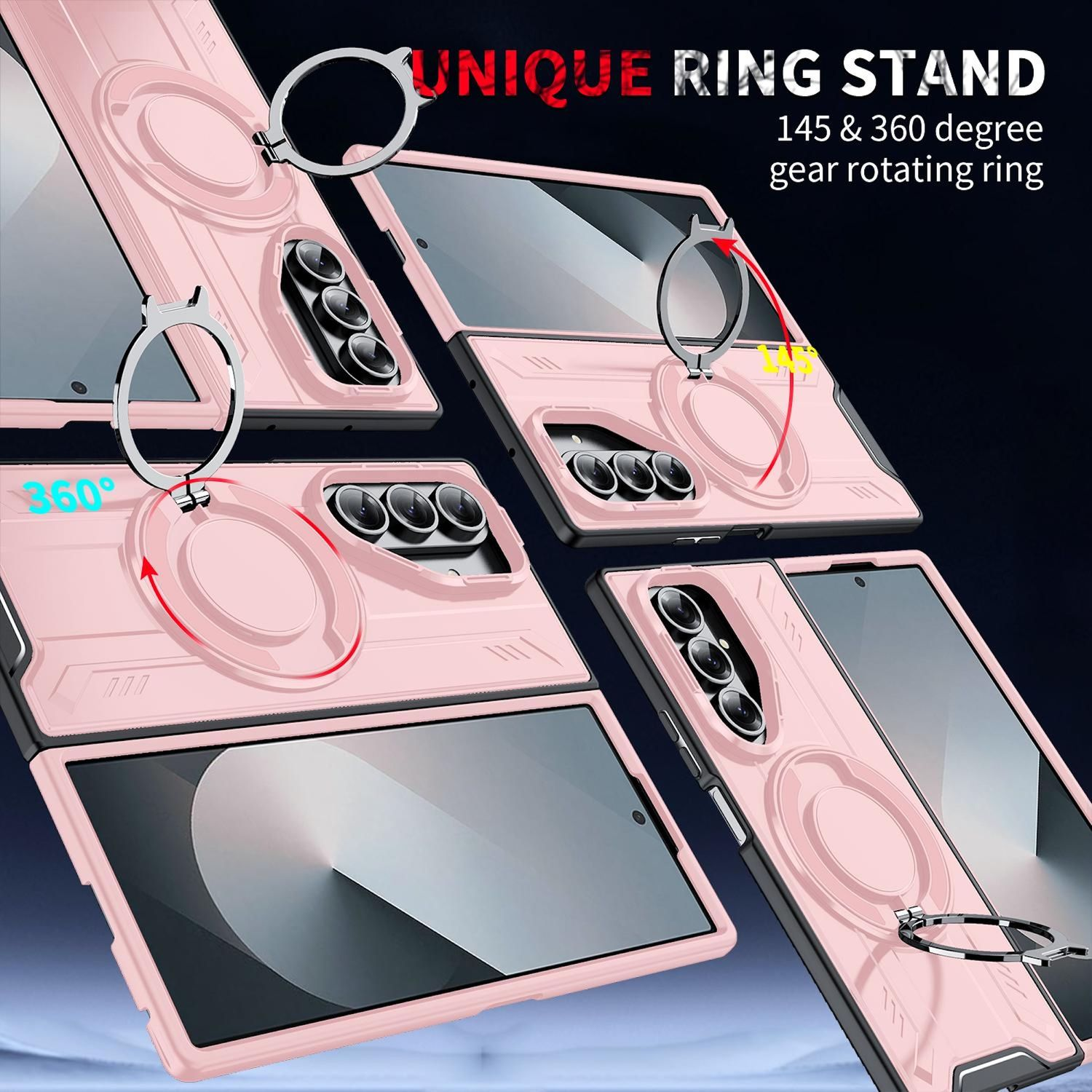 Múltiples vistas de una funda rosa con soporte de anillo, mostrando su rotación de 360° y diseño único de soporte de anillo.