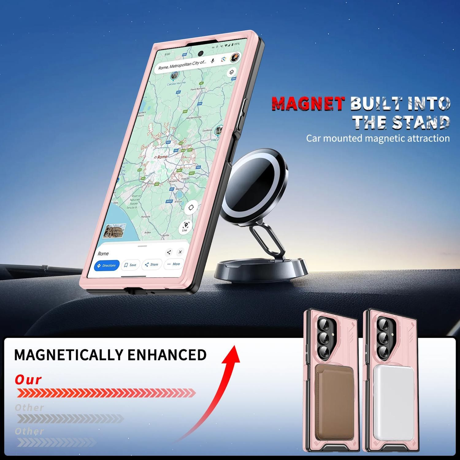 Se muestra una funda rosa con un soporte magnético con un soporte para coche, destacando sus capacidades magnéticas.