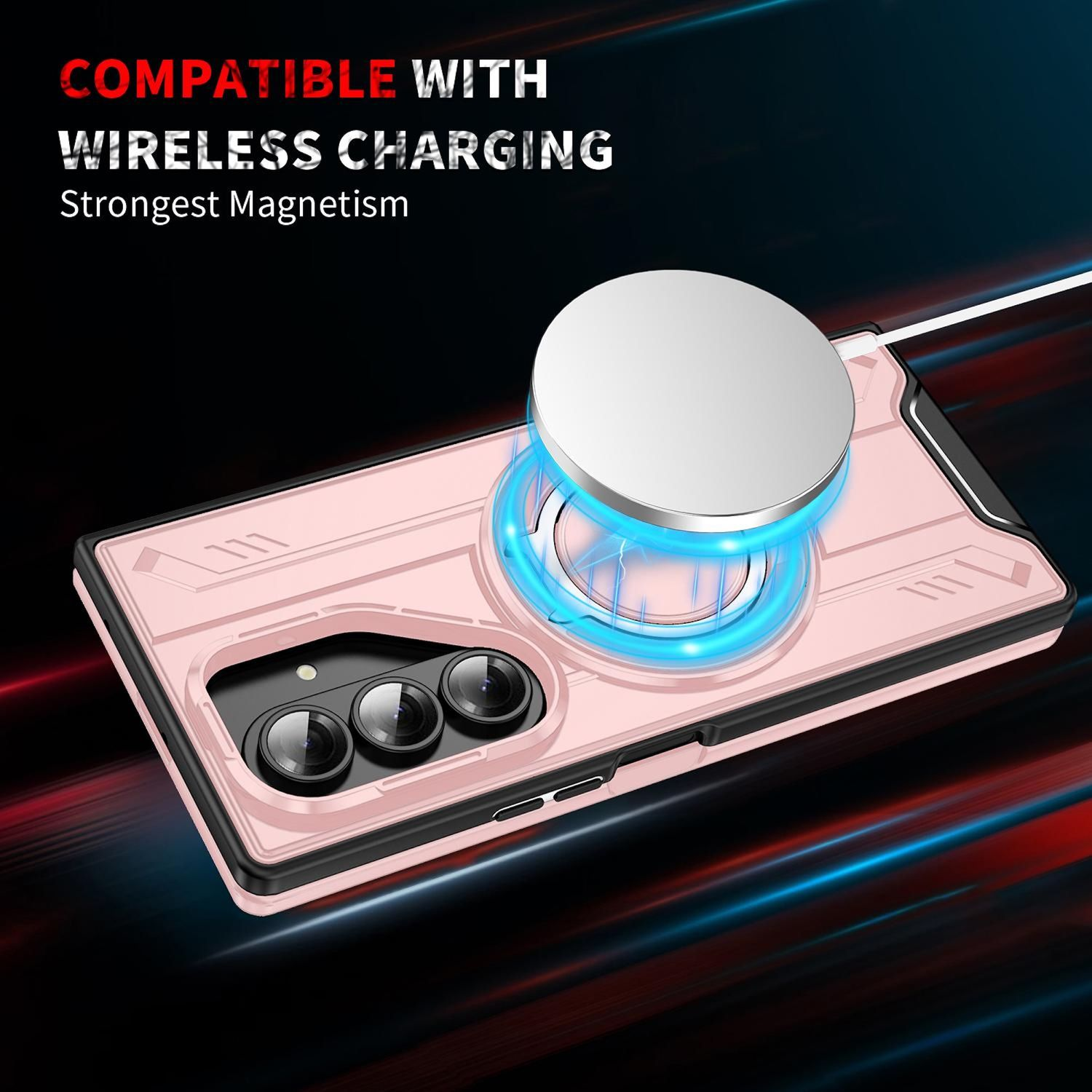 Una funda rosa con un soporte de anillo es compatible con la carga inalámbrica, mostrando su fuerte magnetismo.