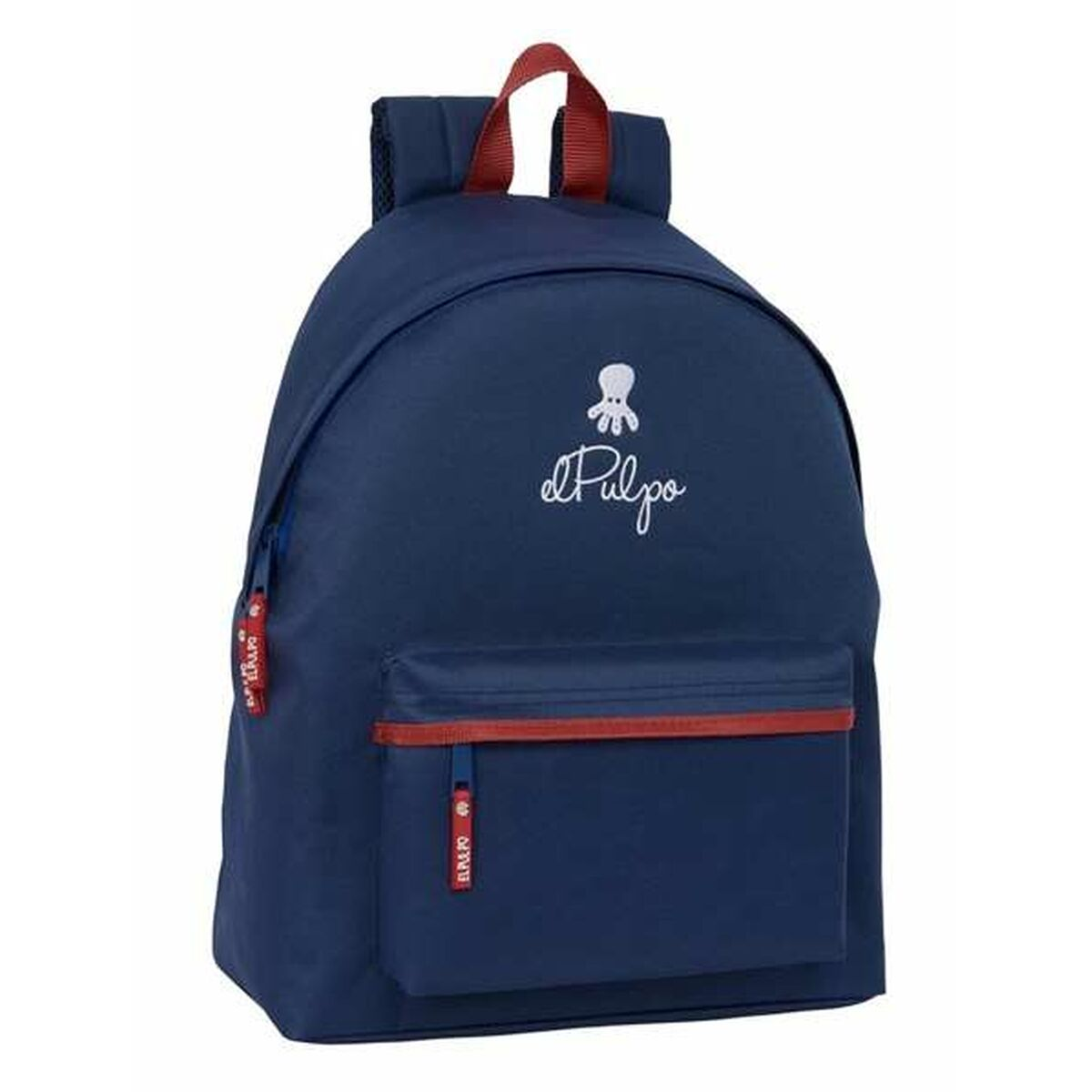 Marineblauer Rucksack mit roten Akzenten, Oktopus-Logo, Vordertasche und Reißverschluss.