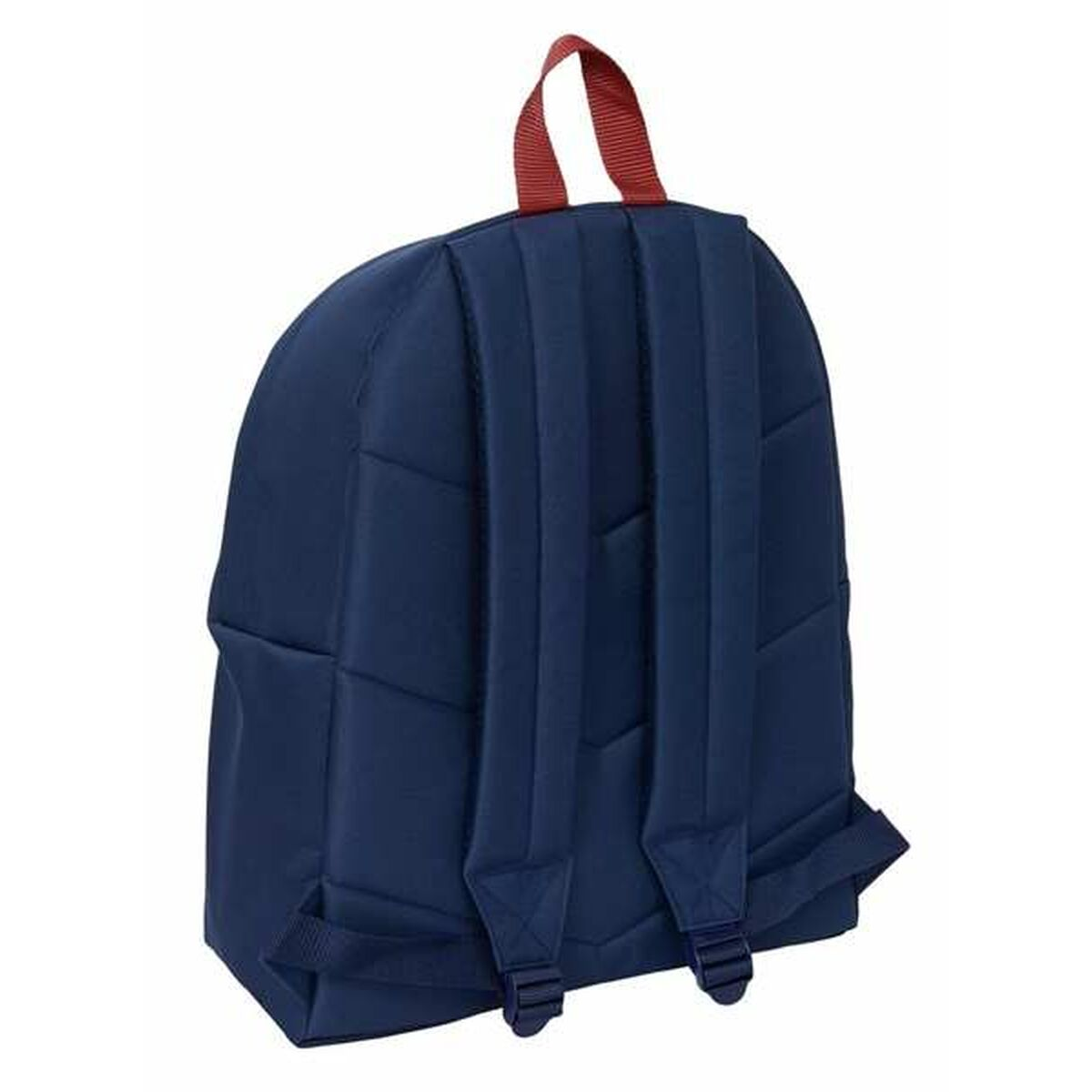 Rückansicht eines marineblauen Rucksacks mit gepolsterten Trägern und einem roten Griff.