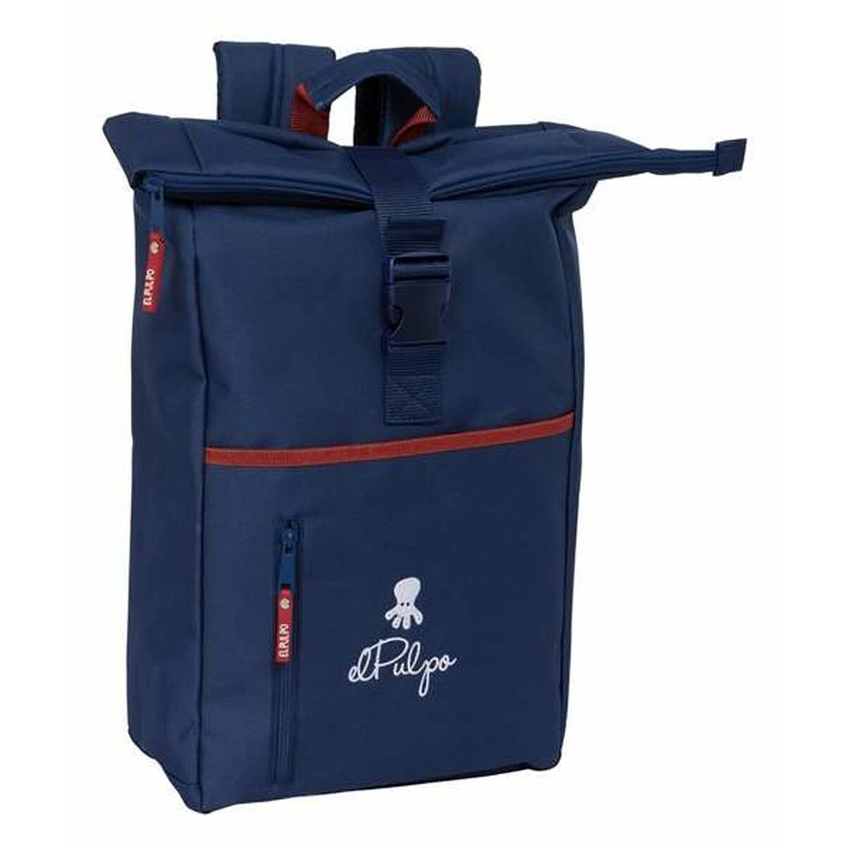 Marineblauer Rucksack mit Rollverschluss, Vordertasche und Oktopus-Logo-Detail.