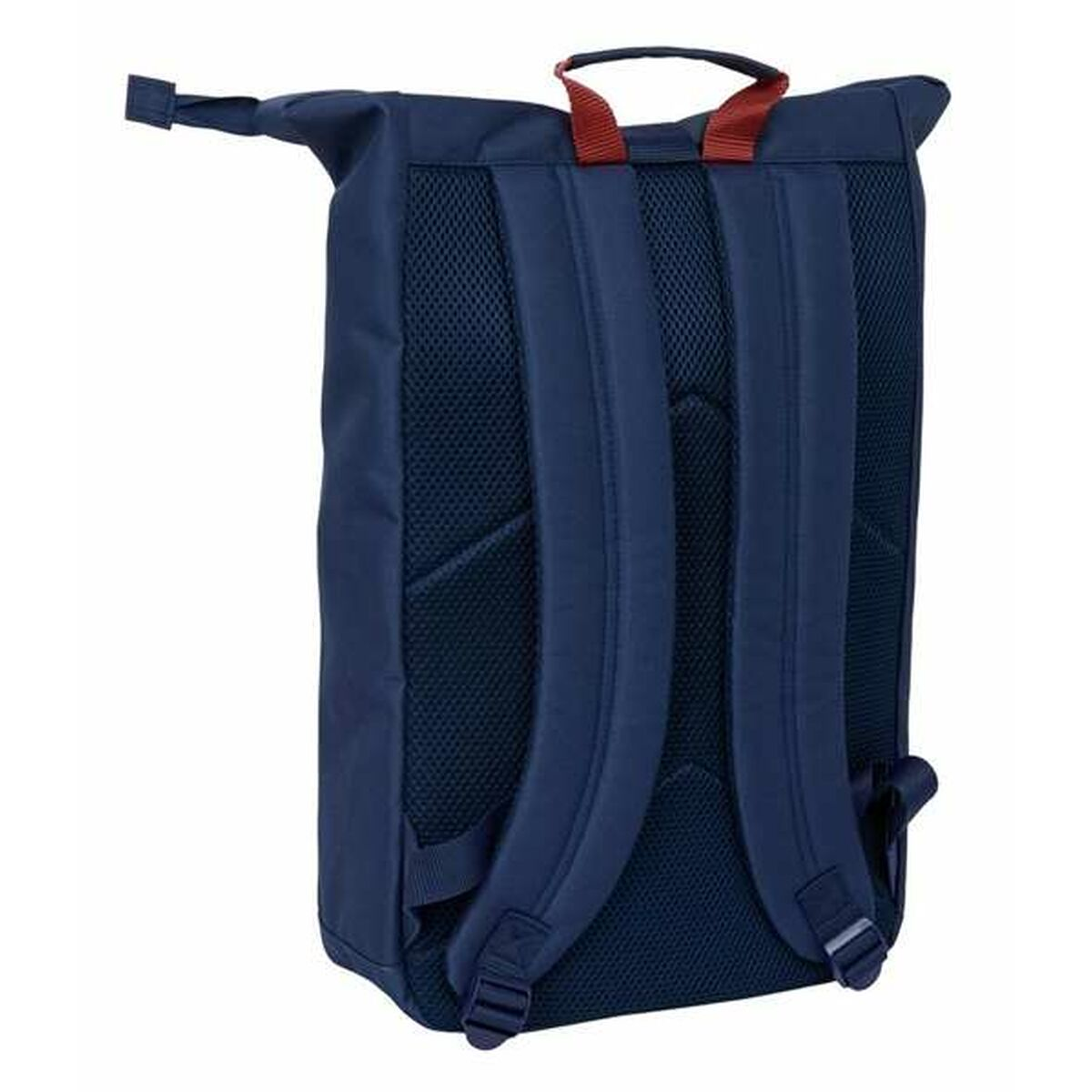 Rückansicht eines marineblauen Roll-Top-Rucksacks mit Netzpolsterung und verstellbaren Trägern.