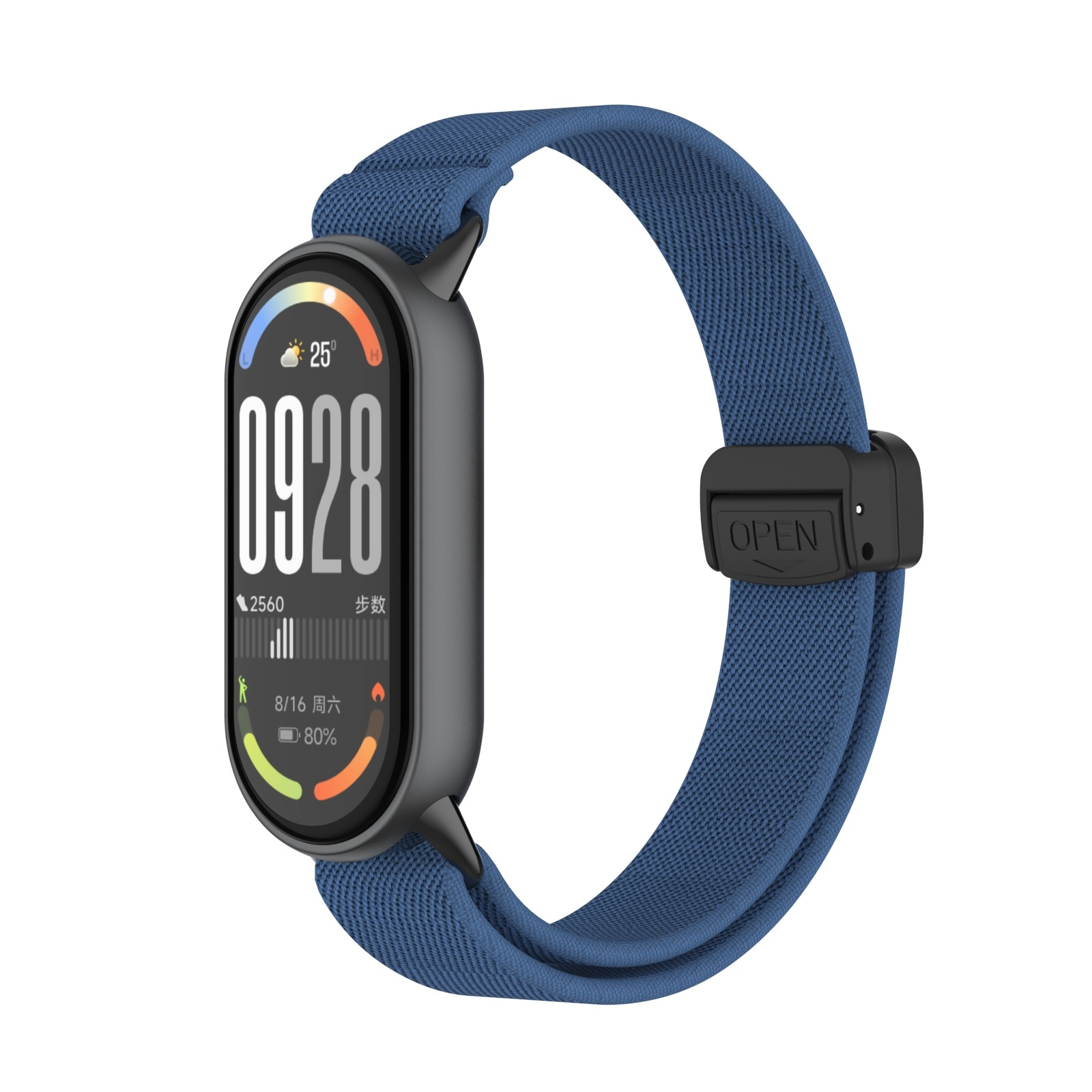Smartwatch con cinturino blu che mostra l'ora 09:28 e alcuni dati sullo schermo.