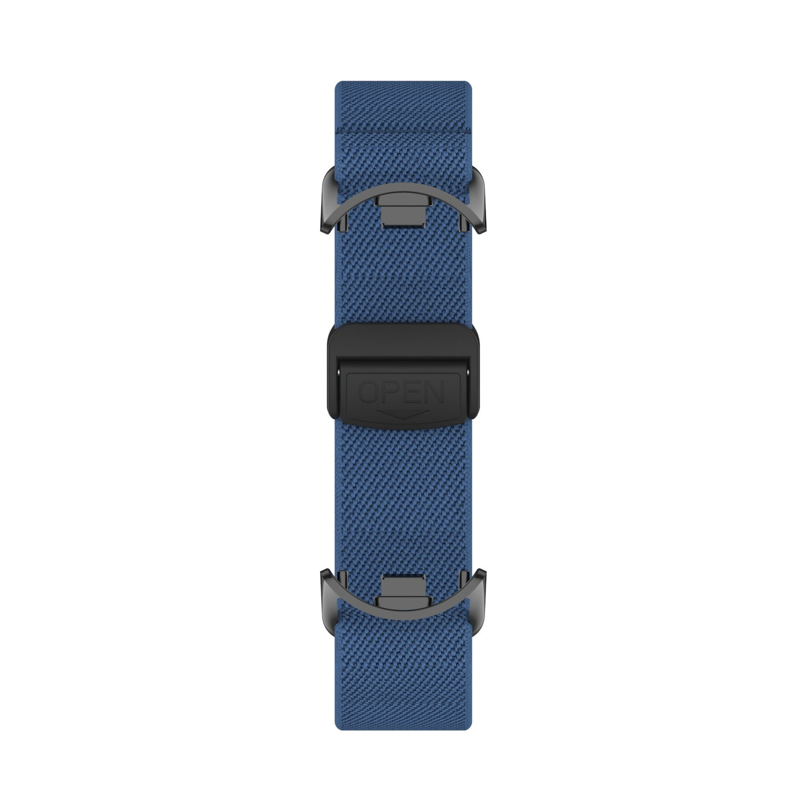 Un cinturino per orologio elastico blu con una chiusura in plastica nera su uno sfondo bianco.