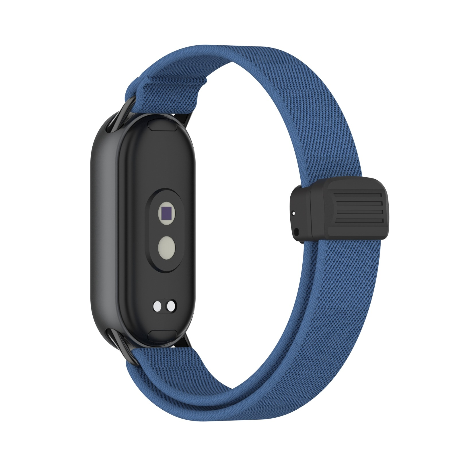 Smartwatch con cinturino blu che mostra il retro dell'orologio su uno sfondo bianco.
