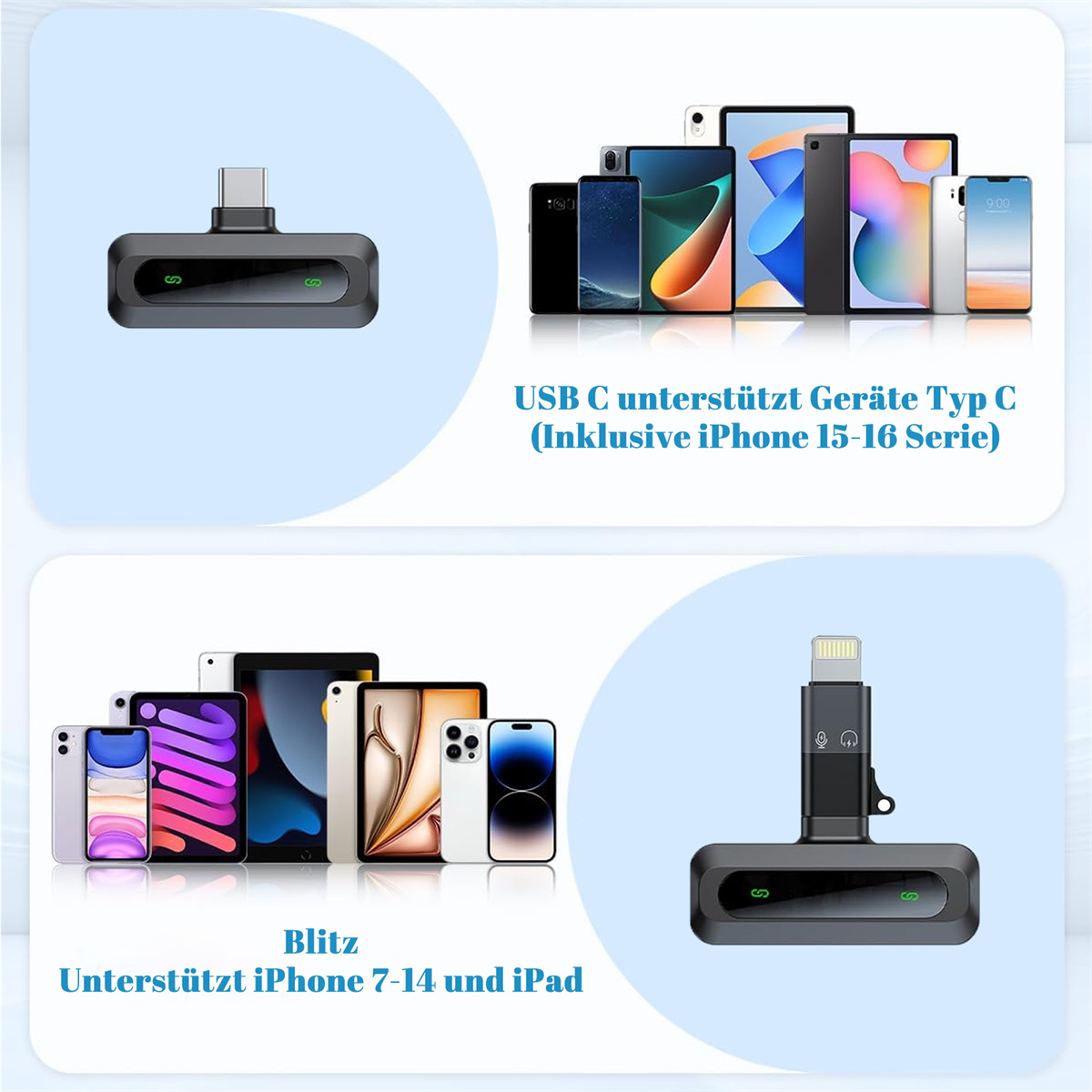 Zwei Bilder zeigen einen USB-C- und Lightning-Anschlussadapter mit verschiedenen Apple-Geräten im Hintergrund.