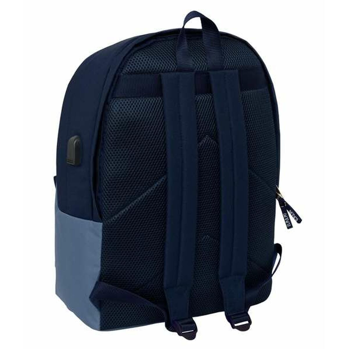 Rückansicht eines marineblauen Rucksacks mit Mesh-Polsterung auf weißem Hintergrund.