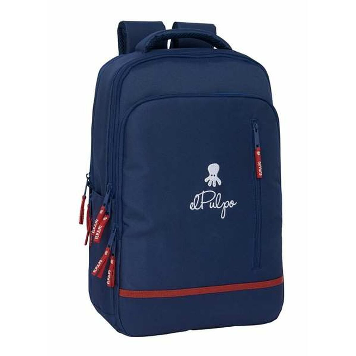 Marineblauer Rucksack mit rotem Besatz und weißem Logo, Studioaufnahme auf Weiß.