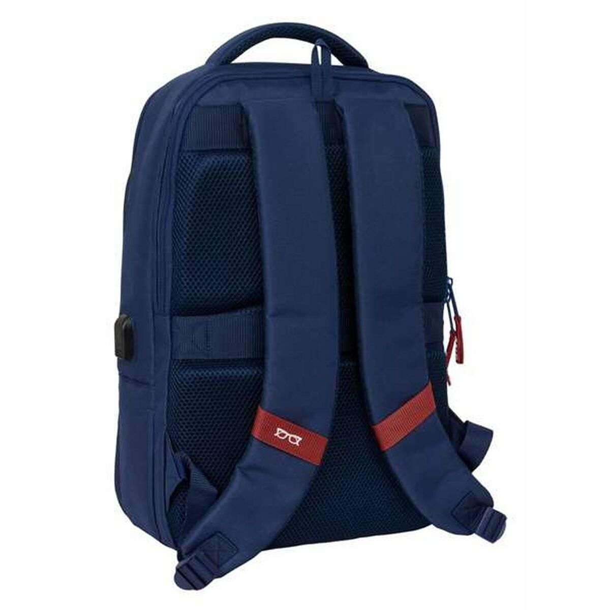 Rückansicht eines marineblauen Rucksacks mit roten Akzenten, Studioaufnahme auf Weiß.