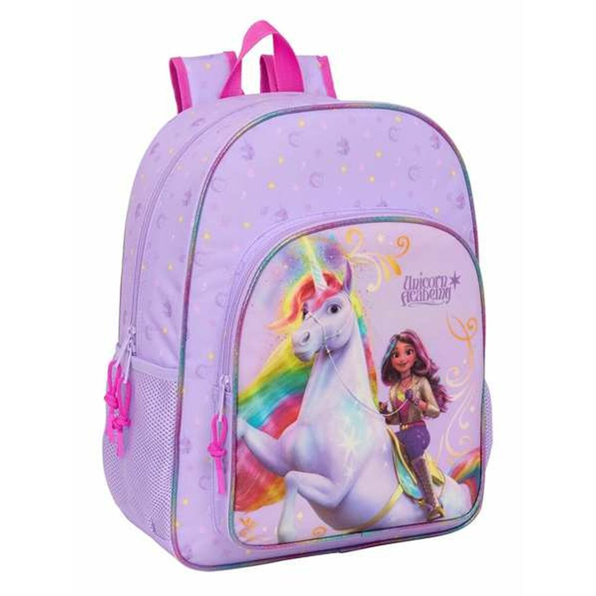 Ein lilafarbener Rucksack mit einer Einhorn- und Mädchengrafik. Er verfügt über rosa Träger und Besatz.