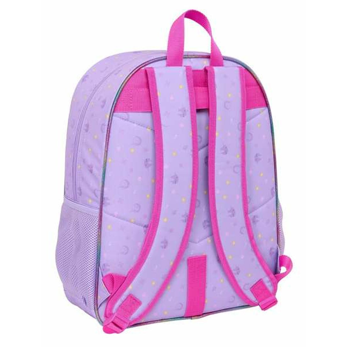 Die Rückseite eines lilafarbenen Rucksacks mit rosa Trägern. Er hat eine Netztasche an der Seite.