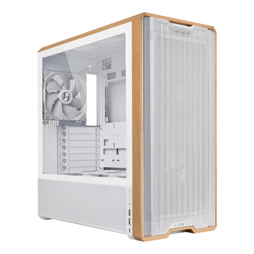 Een witte computerbehuizing met houten rand en een zichtbare ventilator wordt weergegeven op een witte achtergrond.