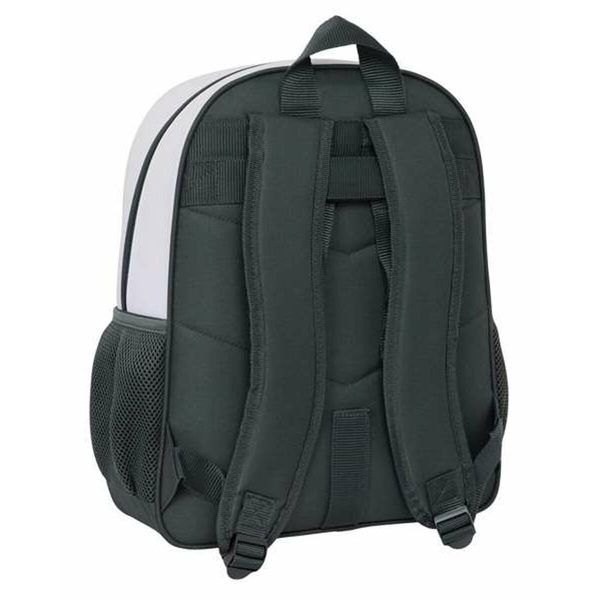 Die Rückseite eines grauen Rucksacks mit schwarzen Trägern und Netztaschen wird auf einem weißen Hintergrund angezeigt.