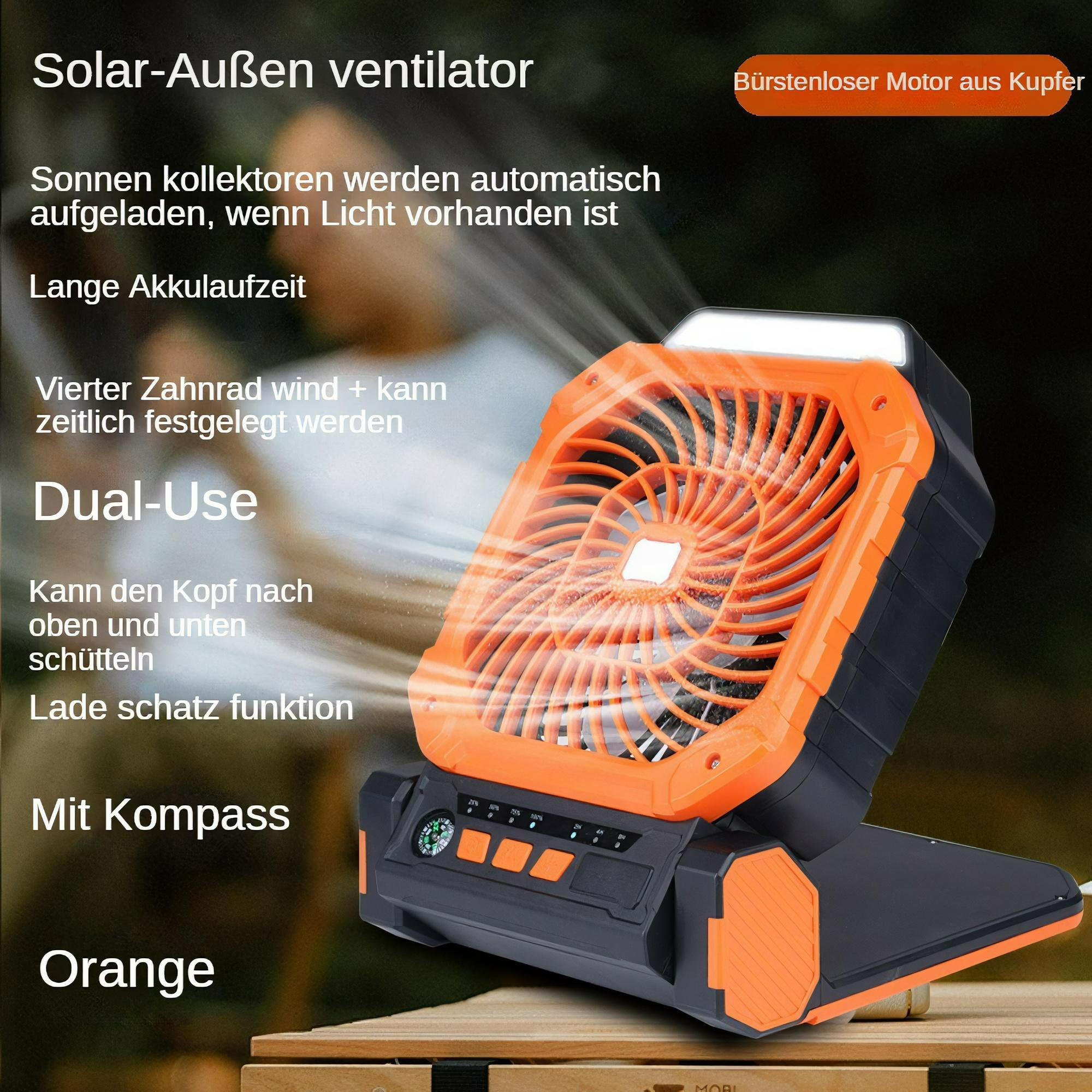 Ein orangefarbener und schwarzer tragbarer Ventilator mit Licht wird mit deutschem Text-Overlay angezeigt.