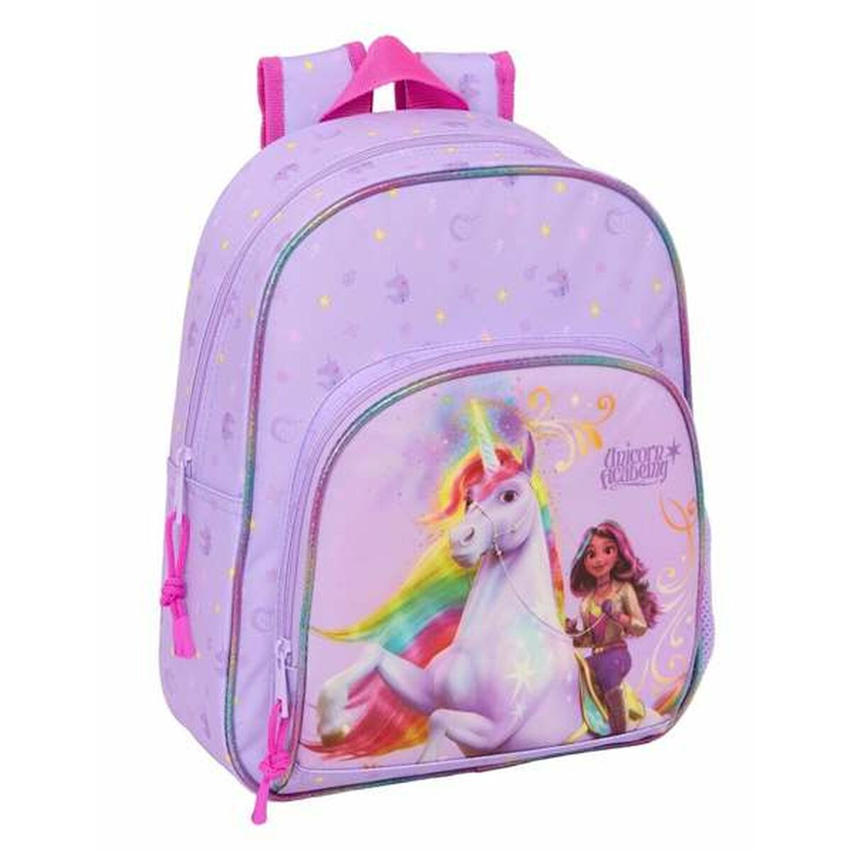 Ein lila Rucksack mit einer Illustration eines weißen Einhorns und eines Mädchens darauf.