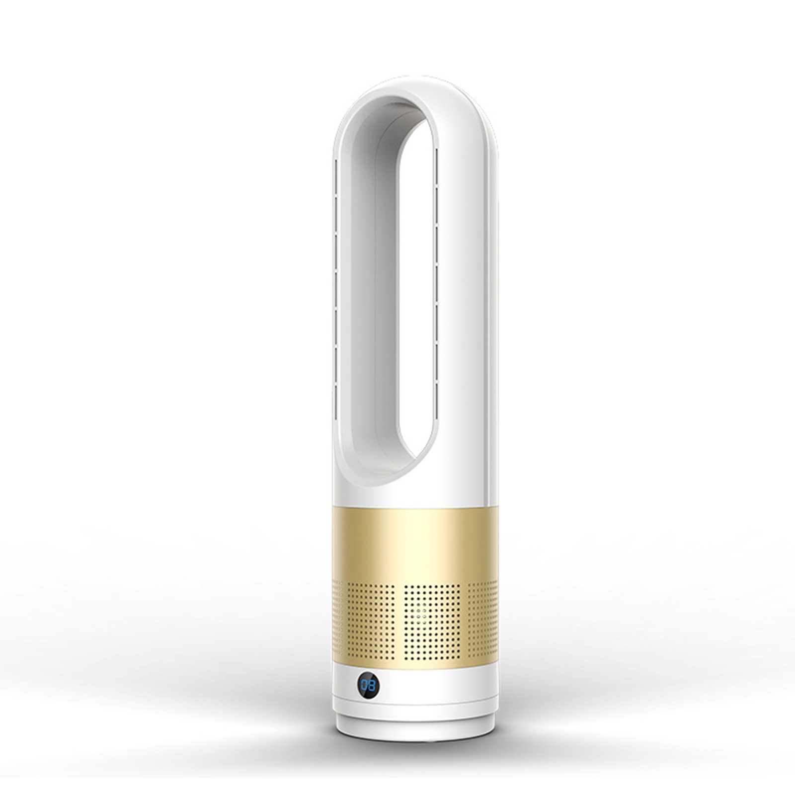 Ein weißer, blattloser Ventilator mit goldenem Akzent auf weißem Hintergrund.