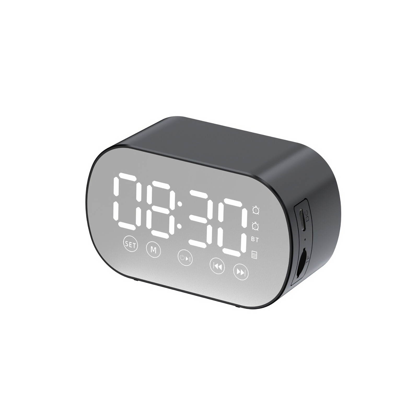 Ein schwarzer digitaler Wecker mit einem verspiegelten Bildschirm, der die Uhrzeit 09:30 anzeigt.