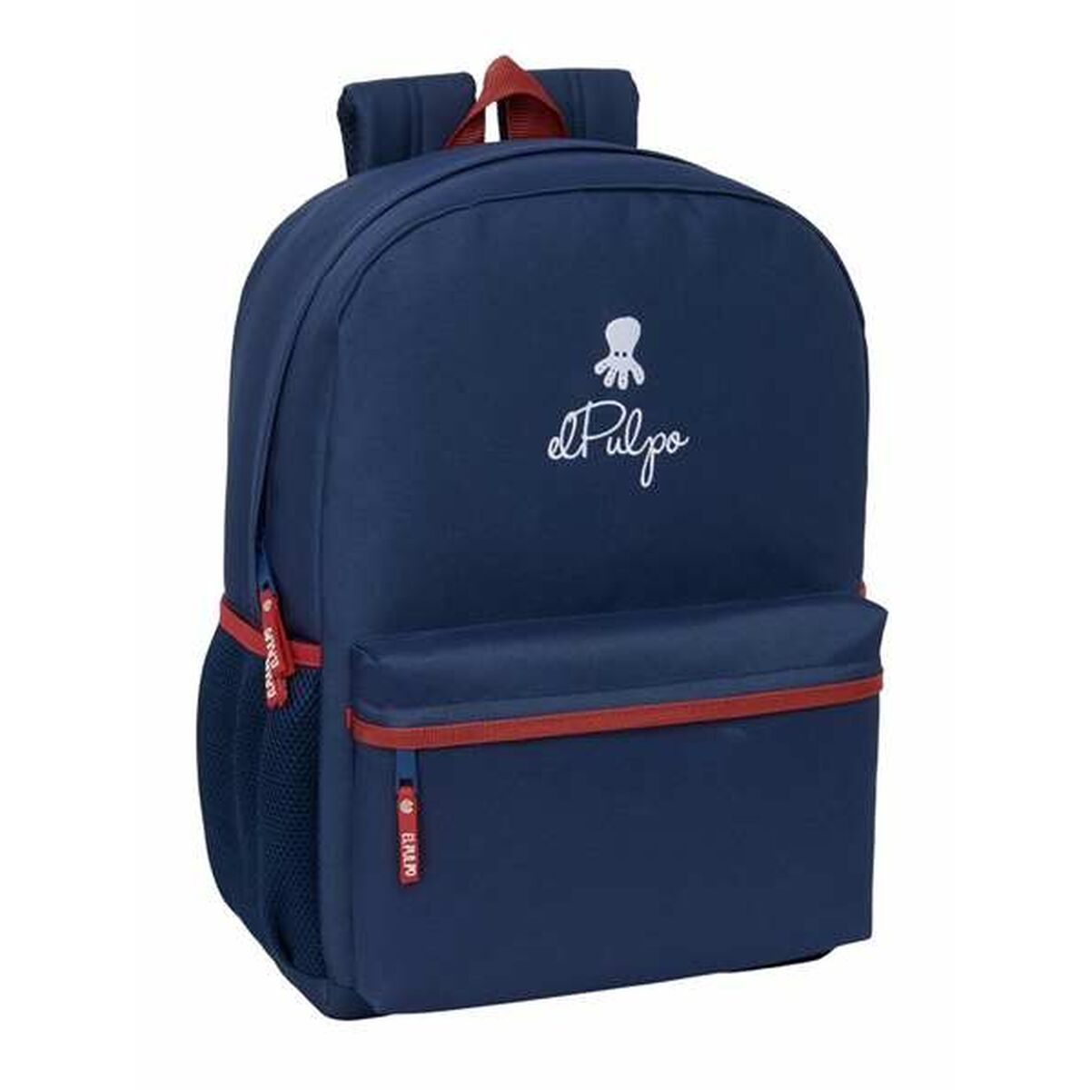 Ein marineblauer Rucksack mit roten Akzenten und einem weißen Oktopus-Logo auf der Vorderseite.