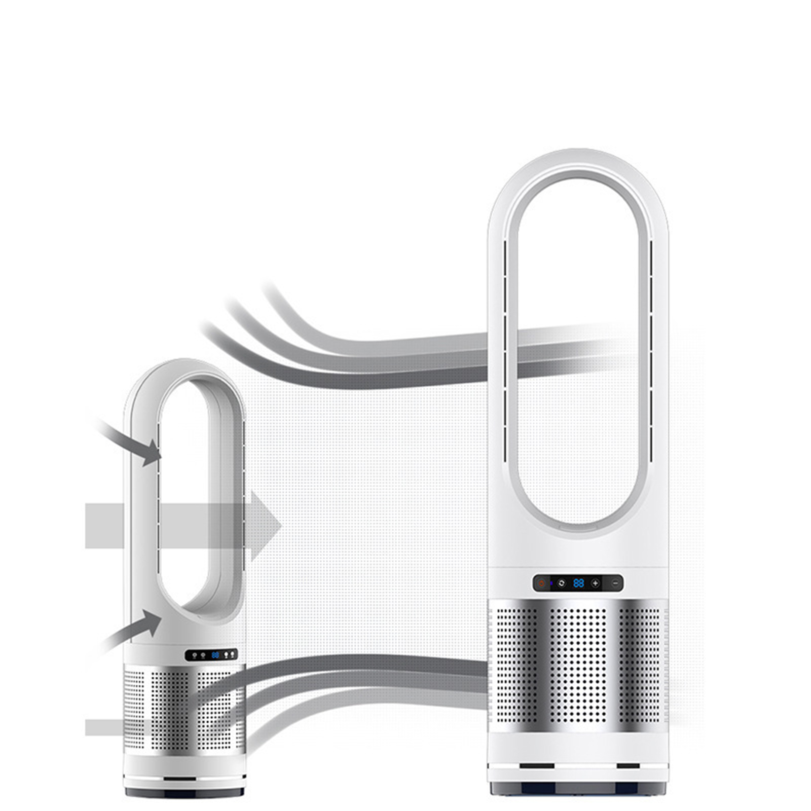 Zwei weiße, blattlose Ventilatoren, einer größer als der andere, zeigen den Luftstrom mit grauen Linien auf weißem Hintergrund.