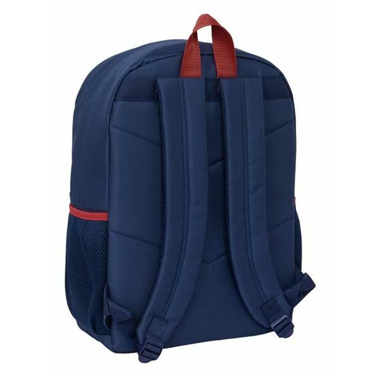 Ein dunkelblauer Rucksack mit roten Akzenten. Die Rückseite der Tasche ist sichtbar und zeigt Träger und einen Griff.