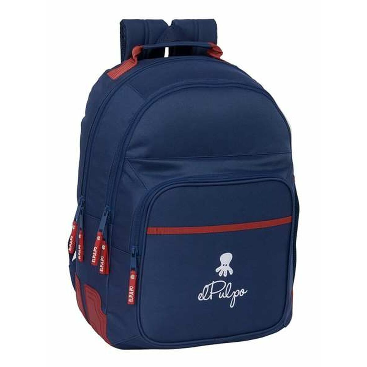Dunkelblauer Rucksack mit roten Akzenten und einem weißen Oktopus-Logo auf der Vordertasche. Die Reißverschlüsse sind rot und weiß.