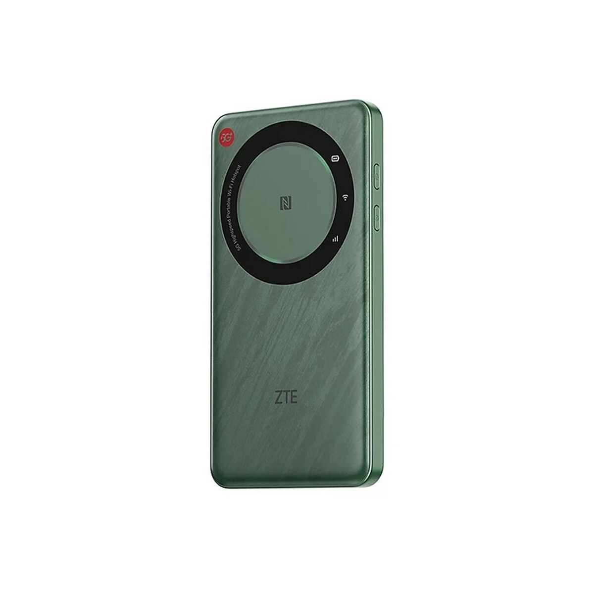 Zielony przenośny hotspot Wi-Fi ZTE stojący pionowo. Urządzenie ma okrągły obszar kamery z czerwonym kwadratem nad nim.