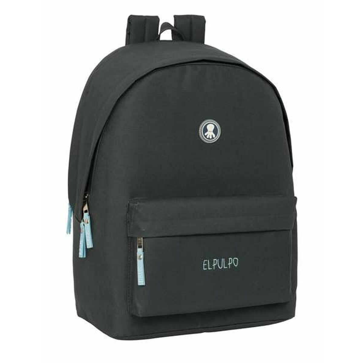 Ein geschlossener grauer Rucksack mit blauen Reißverschlüssen und "EL PULPO" auf einer Tasche.