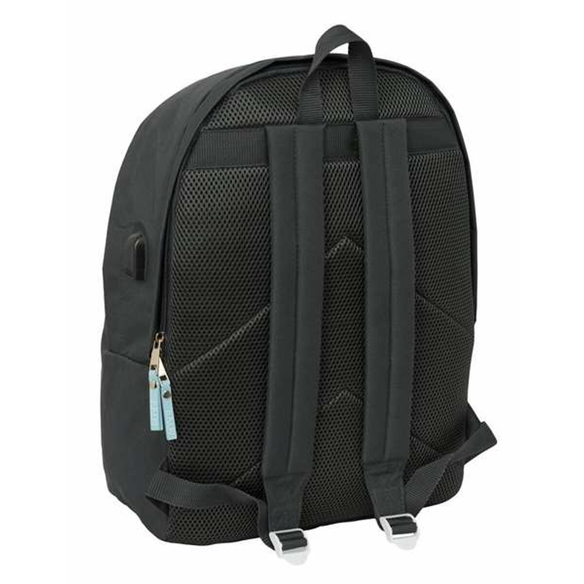 Die Rückseite eines dunkelgrauen Rucksacks zeigt schwarze Träger und Mesh-Polsterung.