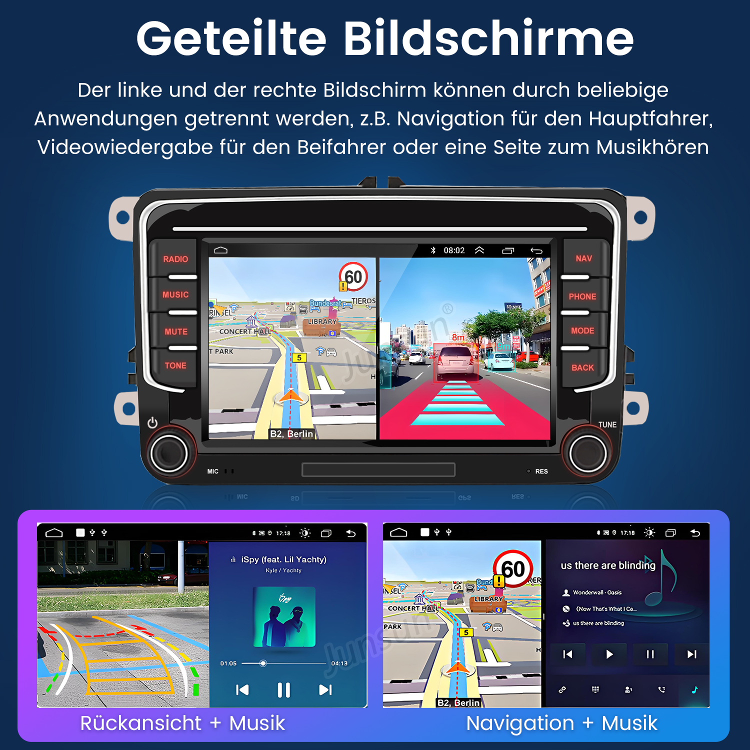 Ein Auto-Infotainment-System zeigt geteilte Bildschirme für Navigation und Musik an.