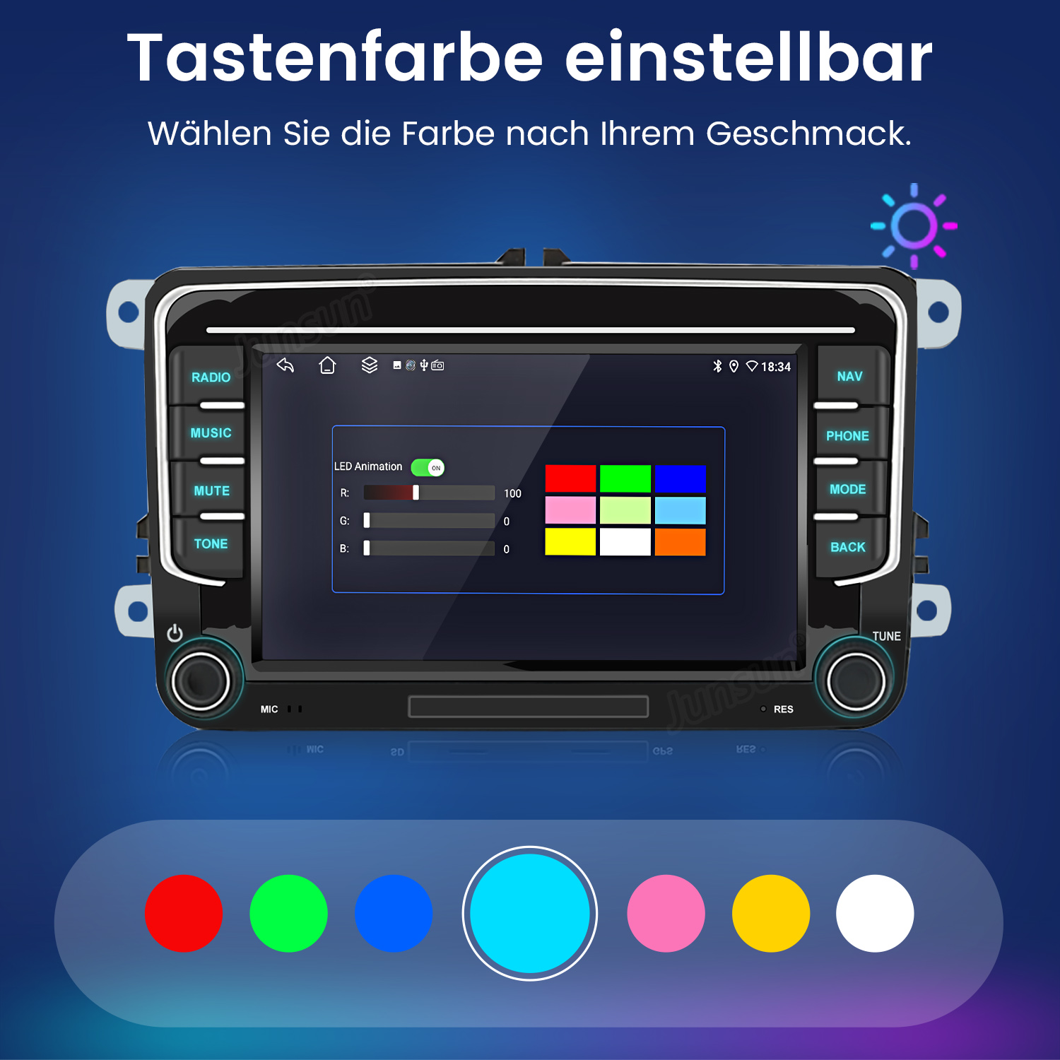 Ein Auto-Infotainment-System mit anpassbaren Tastenfarben wird angezeigt.