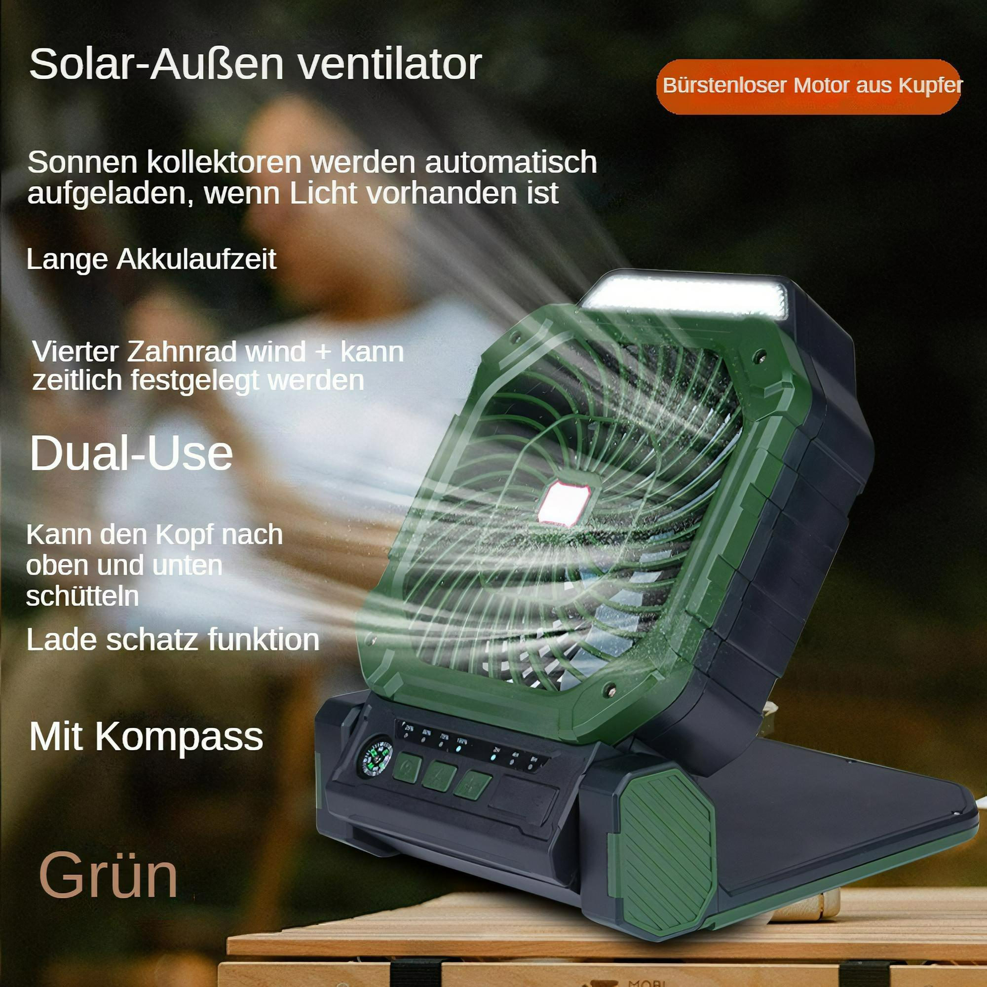 Ein grüner und schwarzer tragbarer Ventilator mit Licht oben. Text ist im Hintergrund sichtbar.