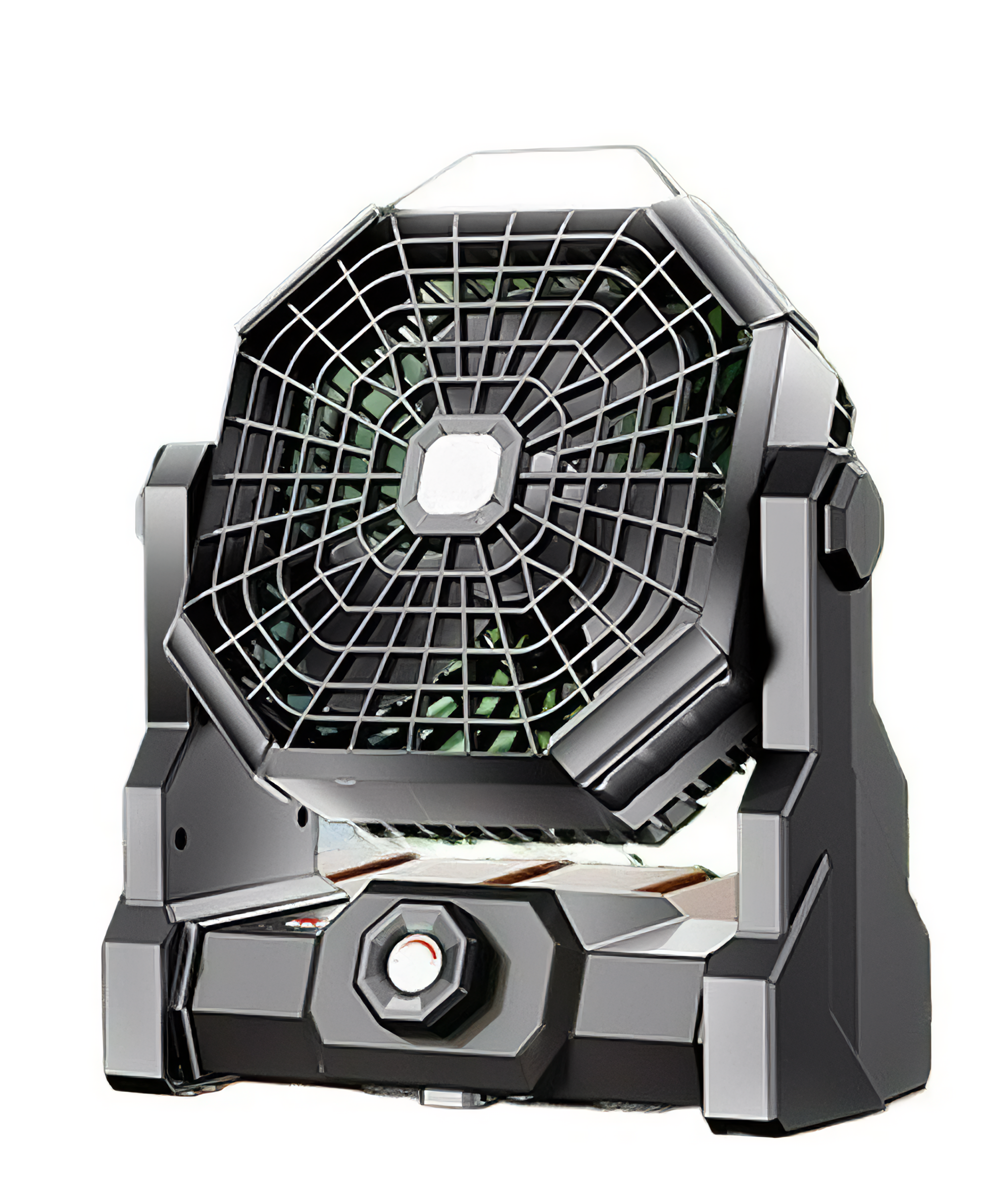 Ein schwarzer tragbarer Ventilator mit Licht oben sitzt auf einem weißen Hintergrund.
